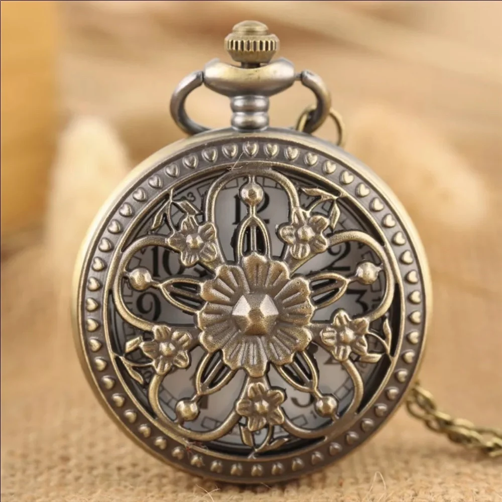 NEW Flower Bronze Necklace Pocket Watch - Picture 1 of 6